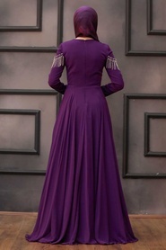 Tesettürlü Abiye Elbise - Dantel Detaylı Mor Tesettür Abiye Elbise 20501MOR - Thumbnail