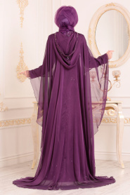 Tesettürlü Abiye Elbise - Dantel Detaylı Pelerinli Mor Tesettür Abiye Elbise 18710MOR - Thumbnail