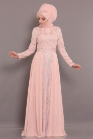 Tesettürlü Abiye Elbise - Dantel Detaylı Pudra Tesettür Abiye Elbise 20620PD - Thumbnail