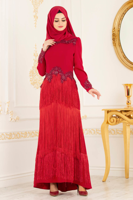 Tesettürlü Abiye Elbise - Dantel Detaylı Püsküllü Kırmızı Tesettür Abiye Elbise 3634K