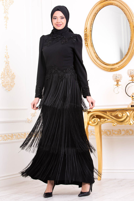 Tesettürlü Abiye Elbise - Dantel Detaylı Püsküllü Siyah Tesettür Abiye Elbise 3634S