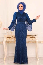 Tesettürlü Abiye Elbise - Dantel Detaylı Sax Mavisi Tesettür Abiye Elbise 3858SX - Thumbnail