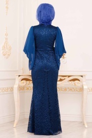 Tesettürlü Abiye Elbise - Dantel Detaylı Sax Mavisi Tesettür Abiye Elbise 3858SX - Thumbnail