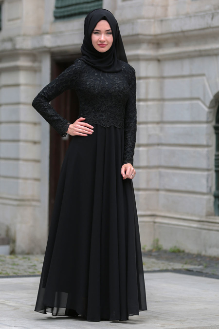 Tesettürlü Abiye Elbise - Dantel Detaylı Siyah Abiye Elbise 76463S