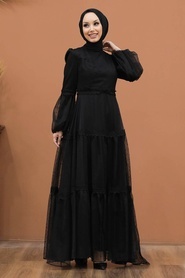 Tesettürlü Abiye Elbise - Dantel Detaylı Siyah Tesettür Abiye Elbise 2335S - Thumbnail