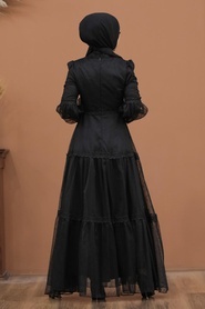 Tesettürlü Abiye Elbise - Dantel Detaylı Siyah Tesettür Abiye Elbise 2335S - Thumbnail