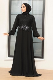 Tesettürlü Abiye Elbise - Dantel Detaylı Siyah Tesettür Abiye Elbise 25819S - Thumbnail