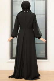Tesettürlü Abiye Elbise - Dantel Detaylı Siyah Tesettür Abiye Elbise 25819S - Thumbnail