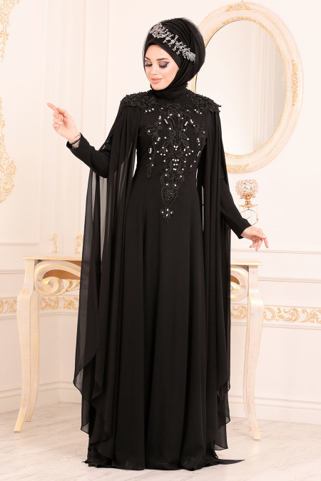 Tesettürlü Abiye Elbise - Dantel Detaylı Siyah Tesettür Abiye Elbise 3041S