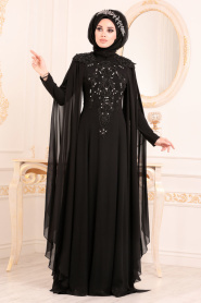 Tesettürlü Abiye Elbise - Dantel Detaylı Siyah Tesettür Abiye Elbise 3041S - Thumbnail