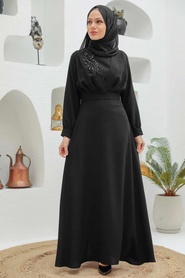 Tesettürlü Abiye Elbise - Dantel Detaylı Siyah Tesettür Abiye Elbise 3305S - Thumbnail