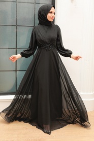 Tesettürlü Abiye Elbise - Dantel Detaylı Siyah Tesettür Abiye Elbise 3435S - Thumbnail