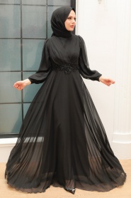 Tesettürlü Abiye Elbise - Dantel Detaylı Siyah Tesettür Abiye Elbise 3435S - Thumbnail