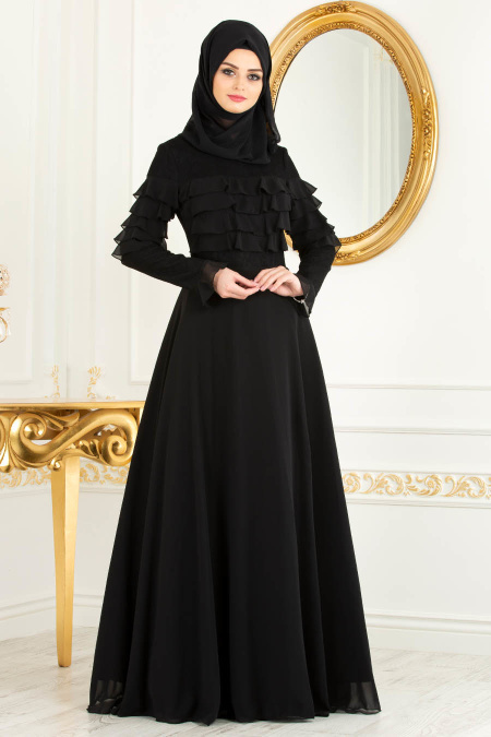 Tesettürlü Abiye Elbise - Dantel Detaylı Siyah Tesettür Abiye Elbise 3652S