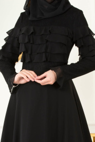 Tesettürlü Abiye Elbise - Dantel Detaylı Siyah Tesettür Abiye Elbise 3652S - Thumbnail