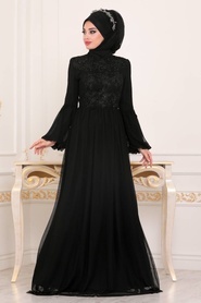 Tesettürlü Abiye Elbise - Dantel Detaylı Siyah Tesettür Abiye Elbise 3908S - Thumbnail