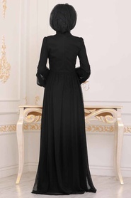 Tesettürlü Abiye Elbise - Dantel Detaylı Siyah Tesettür Abiye Elbise 3908S - Thumbnail
