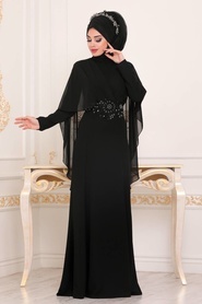 Tesettürlü Abiye Elbise - Dantel Detaylı Siyah Tesettür Abiye Elbise 39170S - Thumbnail