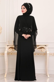 Tesettürlü Abiye Elbise - Dantel Detaylı Siyah Tesettür Abiye Elbise 39170S - Thumbnail