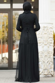 Tesettürlü Abiye Elbise - Dantel İşlemeli Siyah Tesettür Abiye Elbise 3980S - Thumbnail