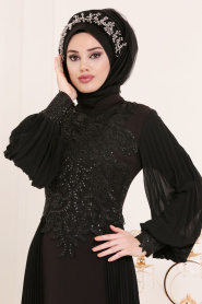 Tesettürlü Abiye Elbise - Dantel Detaylı Siyah Tesettür Abiye Elbise 46220S - Thumbnail