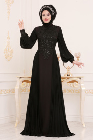 Tesettürlü Abiye Elbise - Dantel Detaylı Siyah Tesettür Abiye Elbise 46220S - Thumbnail