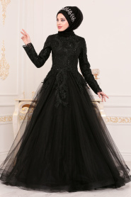 Tesettürlü Abiye Elbise - Dantel Detaylı Siyah Tesettür Abiye Elbise 4689S - Thumbnail