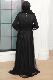 Tesettürlü Abiye Elbise - Dantel Detaylı Siyah Tesettür Abiye Elbise 56520S - Thumbnail