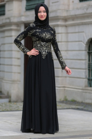 Tesettürlü Abiye Elbise - Dantel Detaylı Siyah Tesettür Abiye Elbise 7636S - Thumbnail