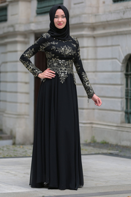 Tesettürlü Abiye Elbise - Dantel Detaylı Siyah Tesettür Abiye Elbise 7636S