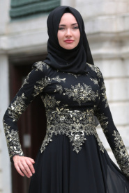 Tesettürlü Abiye Elbise - Dantel Detaylı Siyah Tesettür Abiye Elbise 7636S - Thumbnail