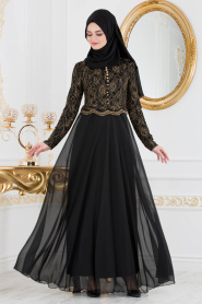 Tesettürlü Abiye Elbise - Dantel Detaylı Siyah Tesettür Abiye Elbise 7960S - Thumbnail