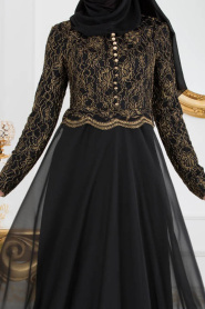 Tesettürlü Abiye Elbise - Dantel Detaylı Siyah Tesettür Abiye Elbise 7960S - Thumbnail