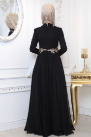 Tesettürlü Abiye Elbise - Dantel Detaylı Siyah Tesettür Abiye Elbise 7996S - Thumbnail