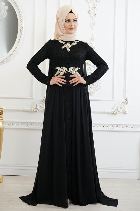 Tesettürlü Abiye Elbise - Dantel Detaylı Siyah Tesettür Abiye Elbise 8110S