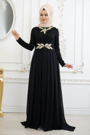 Tesettürlü Abiye Elbise - Dantel Detaylı Siyah Tesettür Abiye Elbise 8110S - Thumbnail