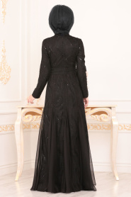 Tesettürlü Abiye Elbise - Dantel Detaylı Siyah Tesettür Abiye Elbise 85350S - Thumbnail