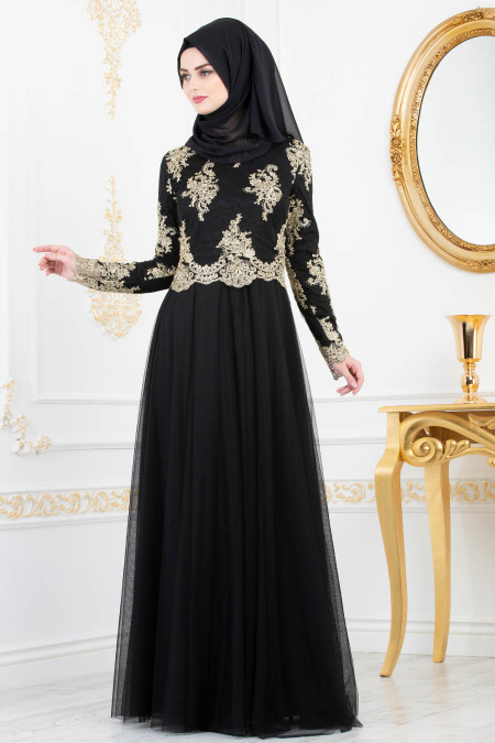 Tesettürlü Abiye Elbise - Dantel Detaylı Siyah Tesettürlü Abiye Elbise 8217S