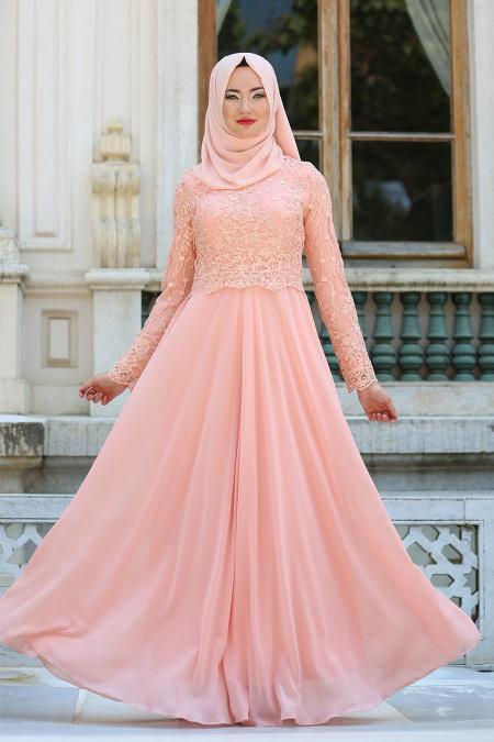 Tesettürlü Abiye Elbise - Dantel Detaylı Somon Abiye Elbise 76463SMN - 2