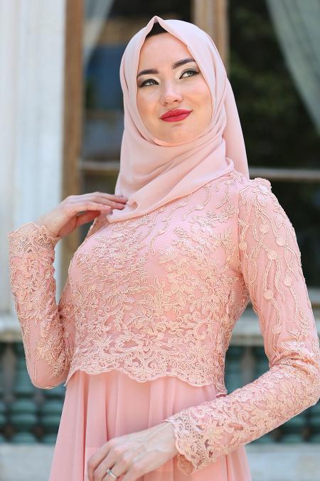 Tesettürlü Abiye Elbise - Dantel Detaylı Somon Abiye Elbise 76463SMN - 4