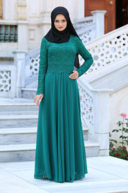 Tesettürlü Abiye Elbise - Dantel Detaylı Yeşil Abiye Elbise 76463Y - Thumbnail
