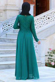 Tesettürlü Abiye Elbise - Dantel Detaylı Yeşil Abiye Elbise 76463Y - Thumbnail