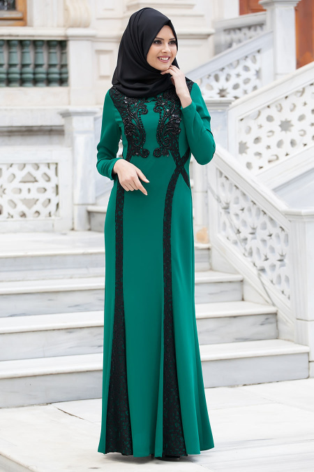 Tesettürlü Abiye Elbise - Dantel Detaylı Yeşil Elbise 2192Y