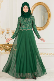 Tesettürlü Abiye Elbise - Dantel Detaylı Yeşil Tesettür Abiye Elbise 7960Y - Thumbnail