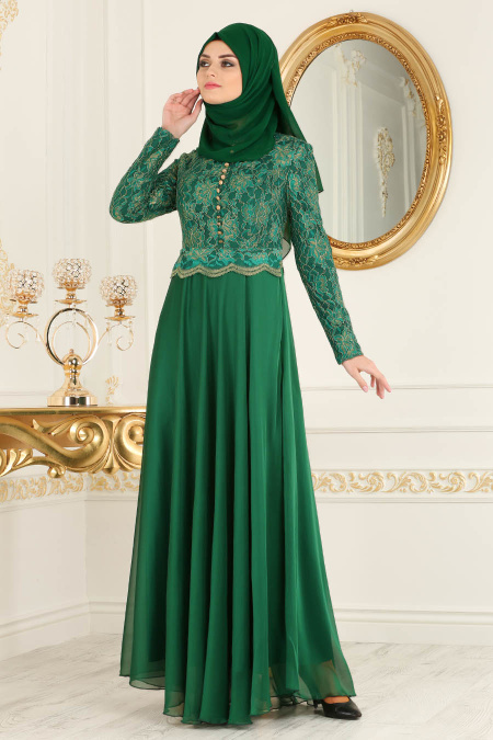 Tesettürlü Abiye Elbise - Dantel Detaylı Yeşil Tesettür Abiye Elbise 7960Y