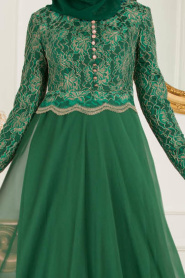 Tesettürlü Abiye Elbise - Dantel Detaylı Yeşil Tesettür Abiye Elbise 7960Y - Thumbnail