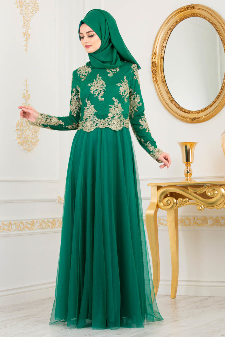 Tesettürlü Abiye Elbise - Dantel Detaylı Yeşil Tesettürlü Abiye Elbise 8217Y