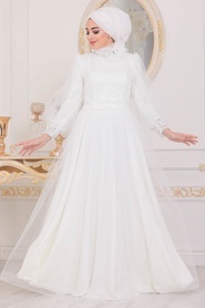 Tesettürlü Abiye Elbise - Dantel İşlemeli Beyaz Tesettür Abiye Elbise 40403B - Thumbnail