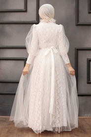 Tesettürlü Abiye Elbise - Dantel İşlemeli Beyaz Tesettür Abiye Elbise 40440B - Thumbnail