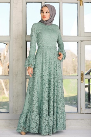 Tesettürlü Abiye Elbise - Dantel İşlemeli Mint Tesettür Abiye Elbise 5476MINT - 2